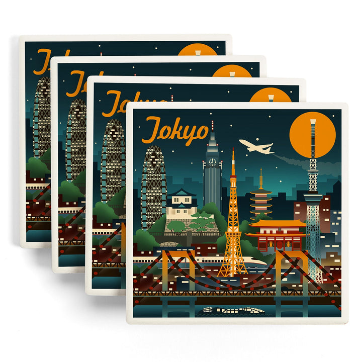 Tokyo, Japan, Retro Skyline, Lantern Press Artwork, Coaster Set Coasters Lantern Press 