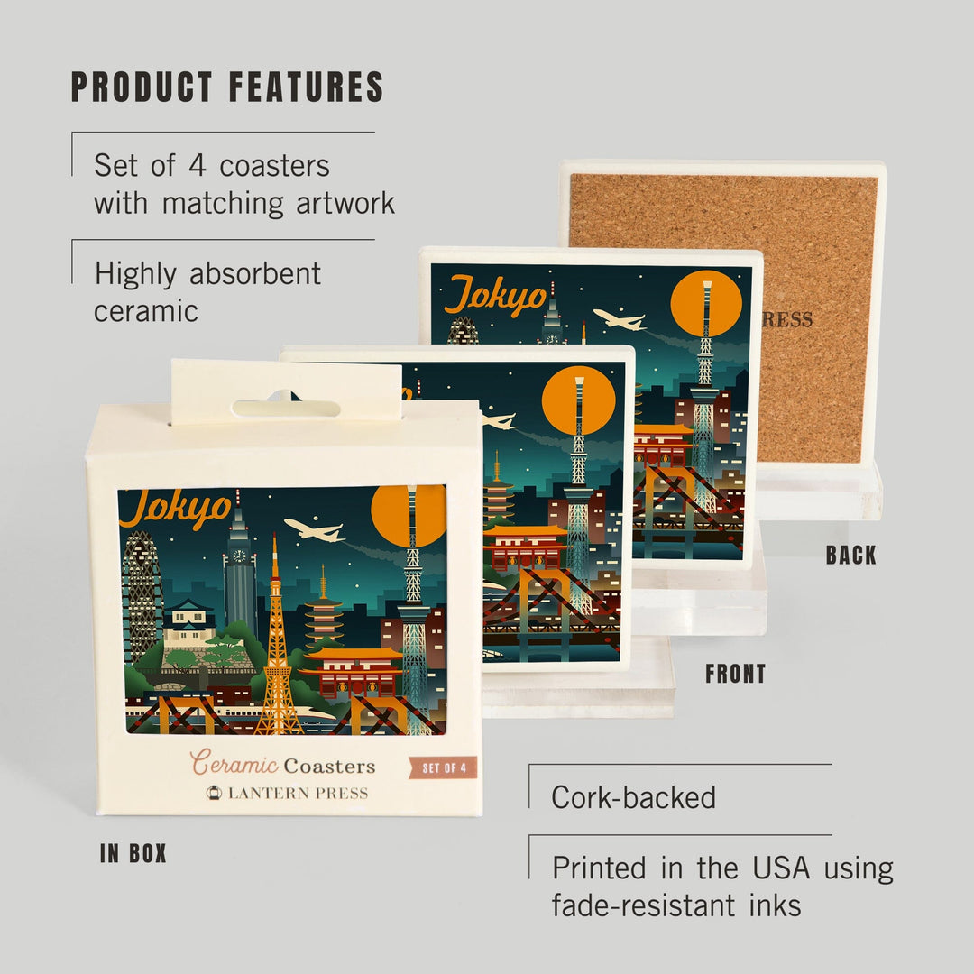 Tokyo, Japan, Retro Skyline, Lantern Press Artwork, Coaster Set Coasters Lantern Press 