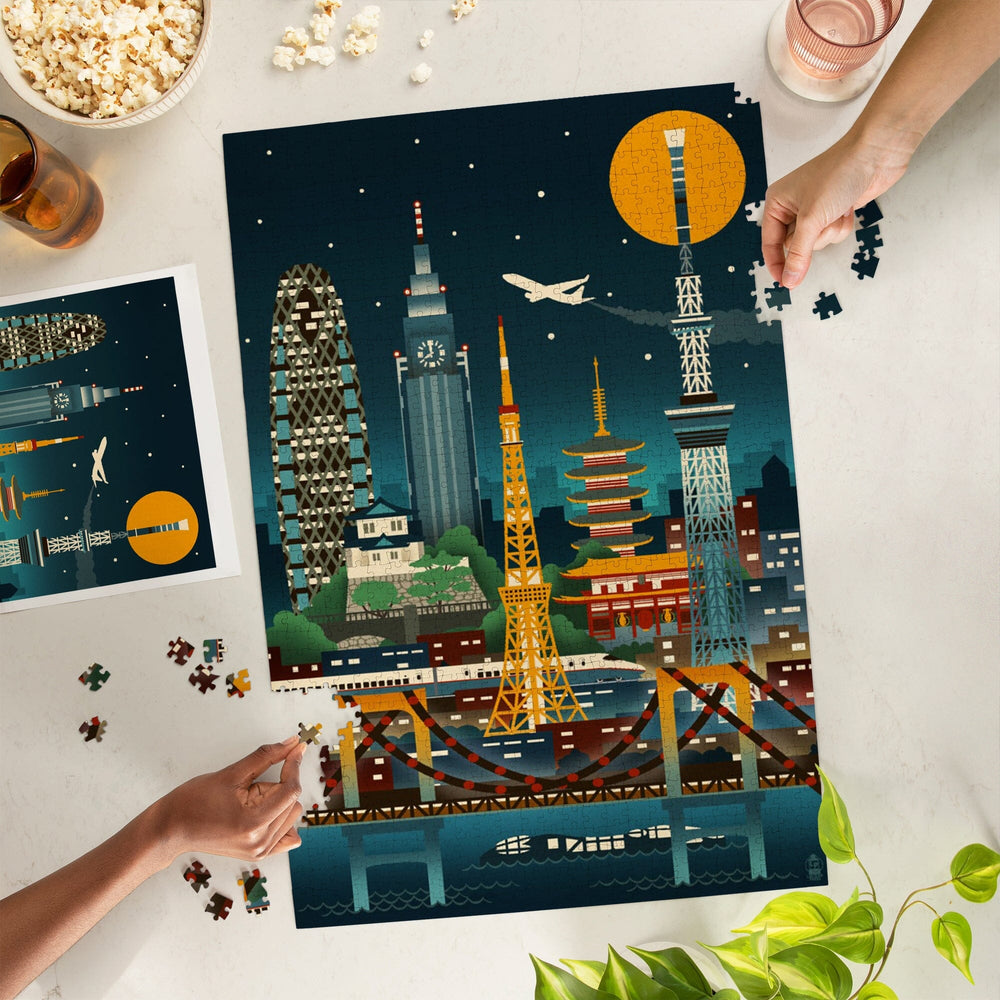 Tokyo, Japan, Retro Skyline (no text), Jigsaw Puzzle Puzzle Lantern Press 