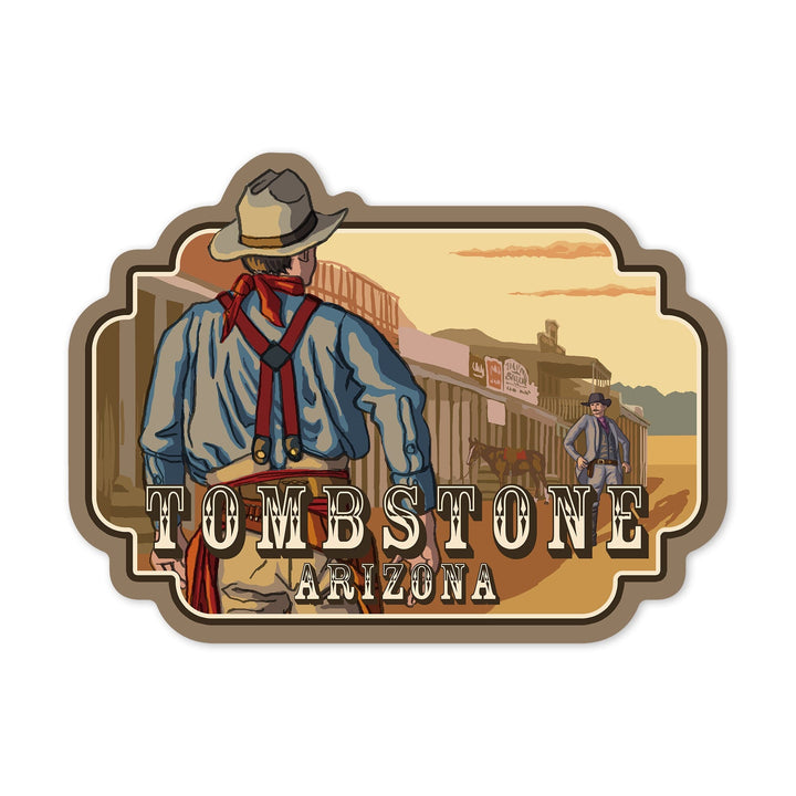 Tombstone, Arizona, Cowboy Standoff, Contour, Lantern Press Artwork, Vinyl Sticker Sticker Lantern Press 