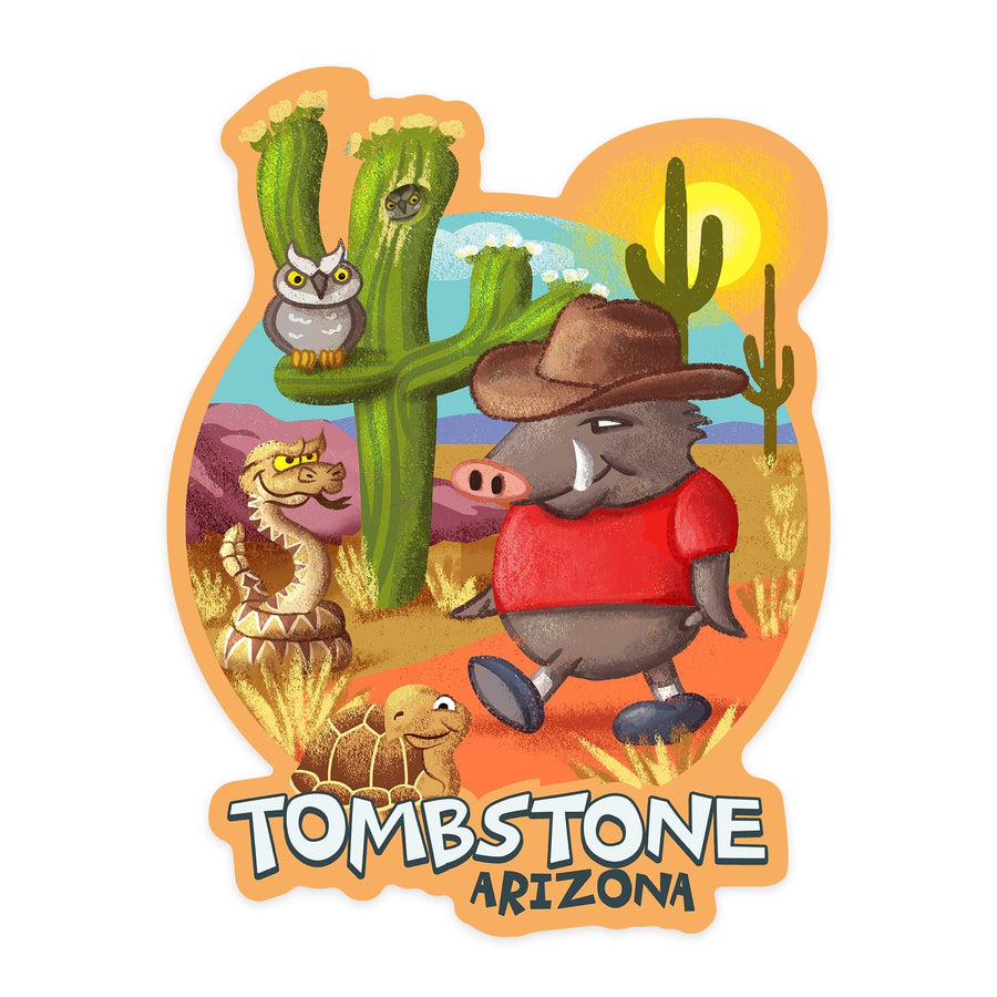 Tombstone, Arizona, Desert Scene, Mid Century Inspired, Contour, Vinyl Sticker Sticker Lantern Press 