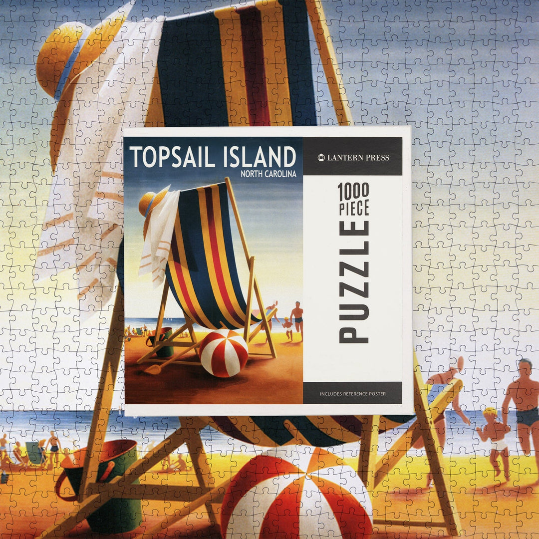 Topsail Island, North Carolina, Beach Chair and Ball, Jigsaw Puzzle Puzzle Lantern Press 