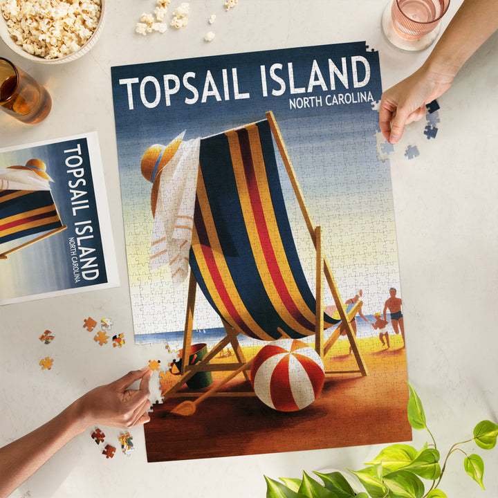Topsail Island, North Carolina, Beach Chair and Ball, Jigsaw Puzzle Puzzle Lantern Press 