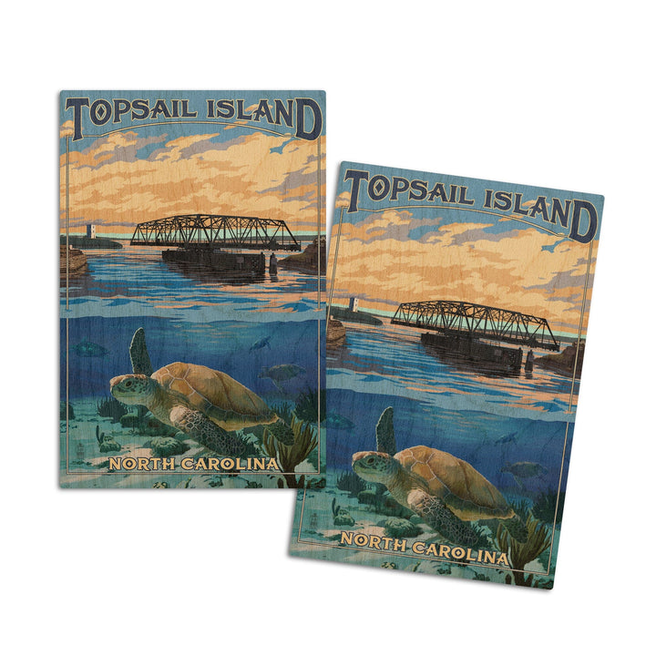 Topsail Island, North Carolina, Bridge View, Lantern Press Artwork, Wood Signs and Postcards Wood Lantern Press 4x6 Wood Postcard Set 