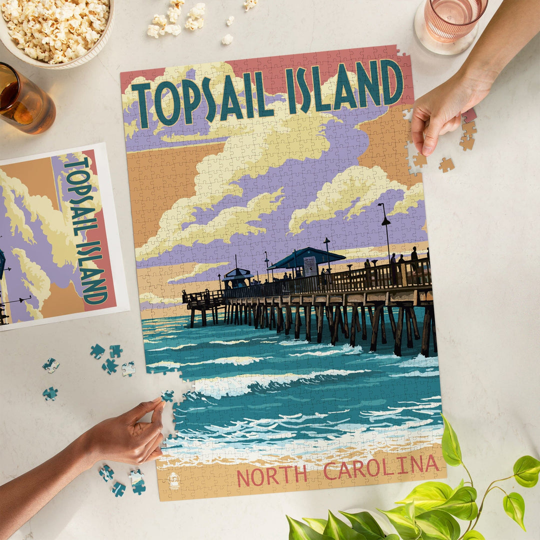 Topsail Island, North Carolina, Pier and Sunset, Jigsaw Puzzle Puzzle Lantern Press 