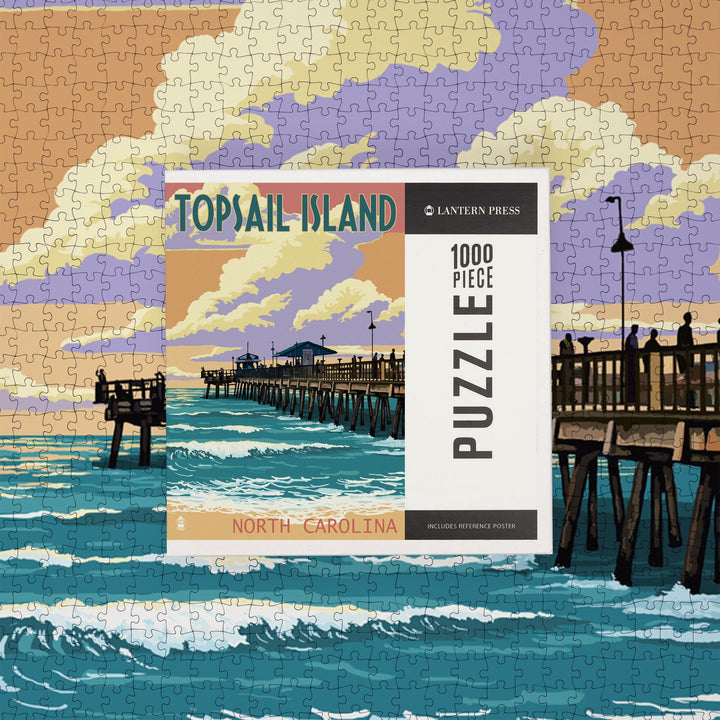 Topsail Island, North Carolina, Pier and Sunset, Jigsaw Puzzle Puzzle Lantern Press 