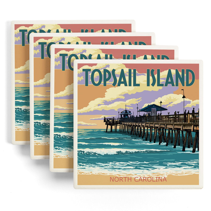 Topsail Island, North Carolina, Pier and Sunset, Lantern Press Artwork, Coaster Set Coasters Lantern Press 