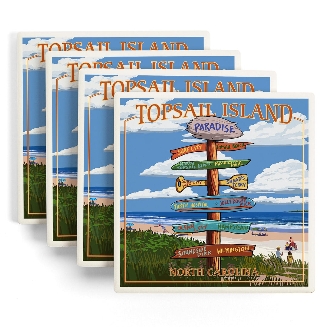 Topsail Island, North Carolina, Pier and Sunset, Lantern Press Artwork, Coaster Set Coasters Lantern Press 