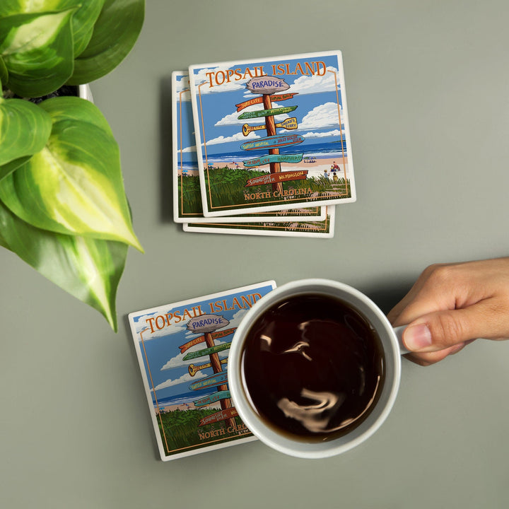 Topsail Island, North Carolina, Pier and Sunset, Lantern Press Artwork, Coaster Set Coasters Lantern Press 