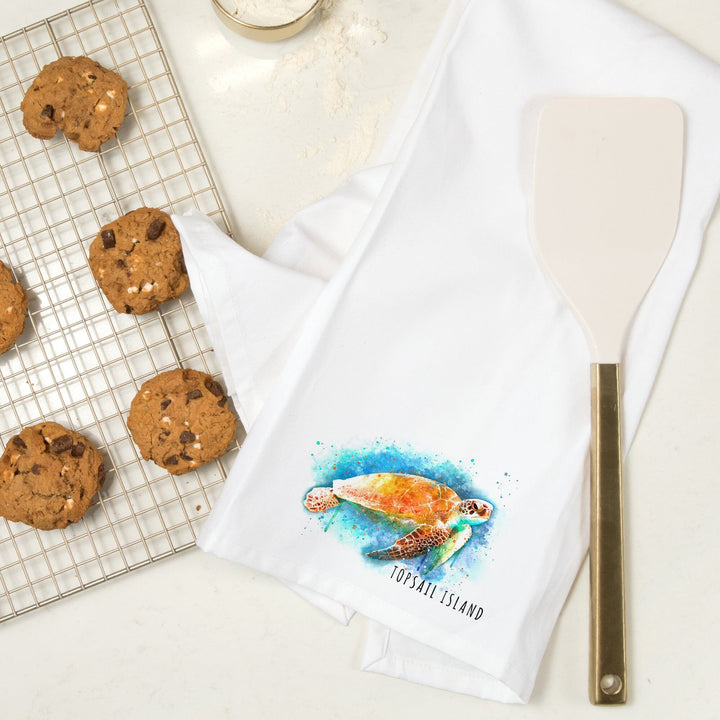 Topsail Island, North Carolina, Sea Turtle, Watercolor, Organic Cotton Kitchen Tea Towels Kitchen Lantern Press 