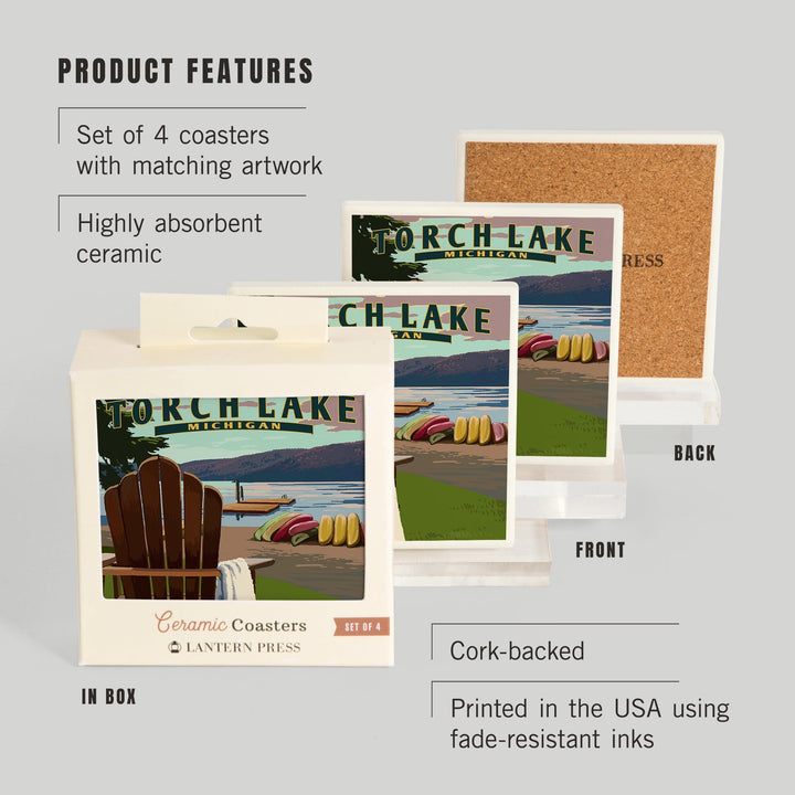 Torch Lake, Michigan, Adirondack Chairs, Coasters Coasters Lantern Press 