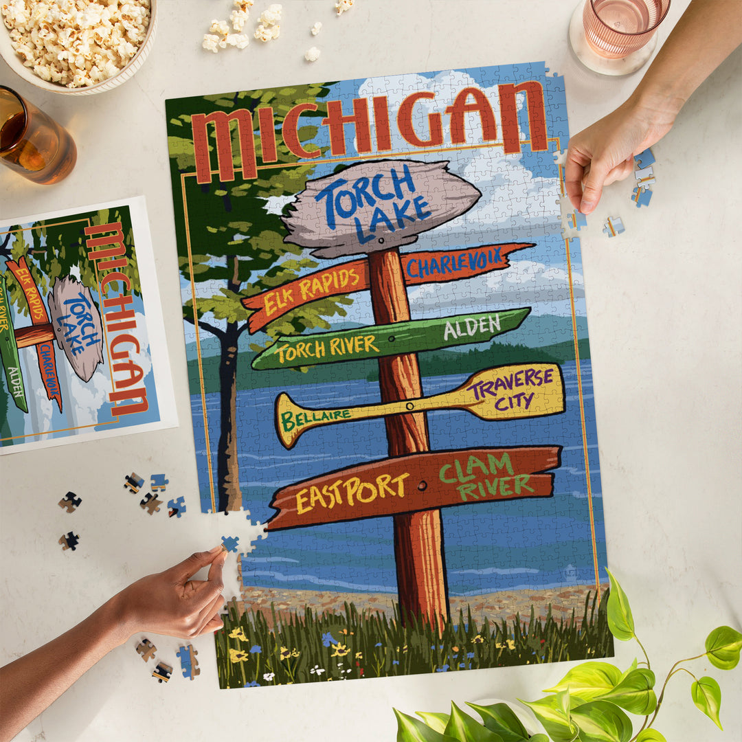Torch Lake, Michigan, Destinations Sign, Jigsaw Puzzle Puzzle Lantern Press 