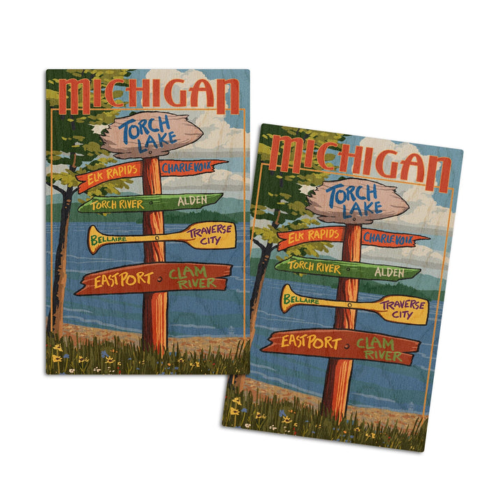 Torch Lake, Michigan, Destinations Sign, Lantern Press Artwork, Wood Signs and Postcards Wood Lantern Press 4x6 Wood Postcard Set 