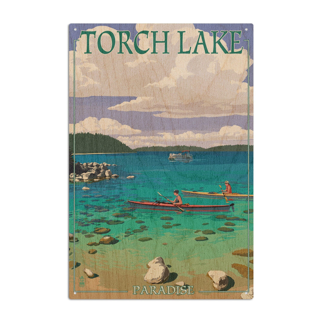 Torch Lake, Michigan, Kayakers, Lantern Press Artwork, Wood Signs and Postcards Wood Lantern Press 10 x 15 Wood Sign 