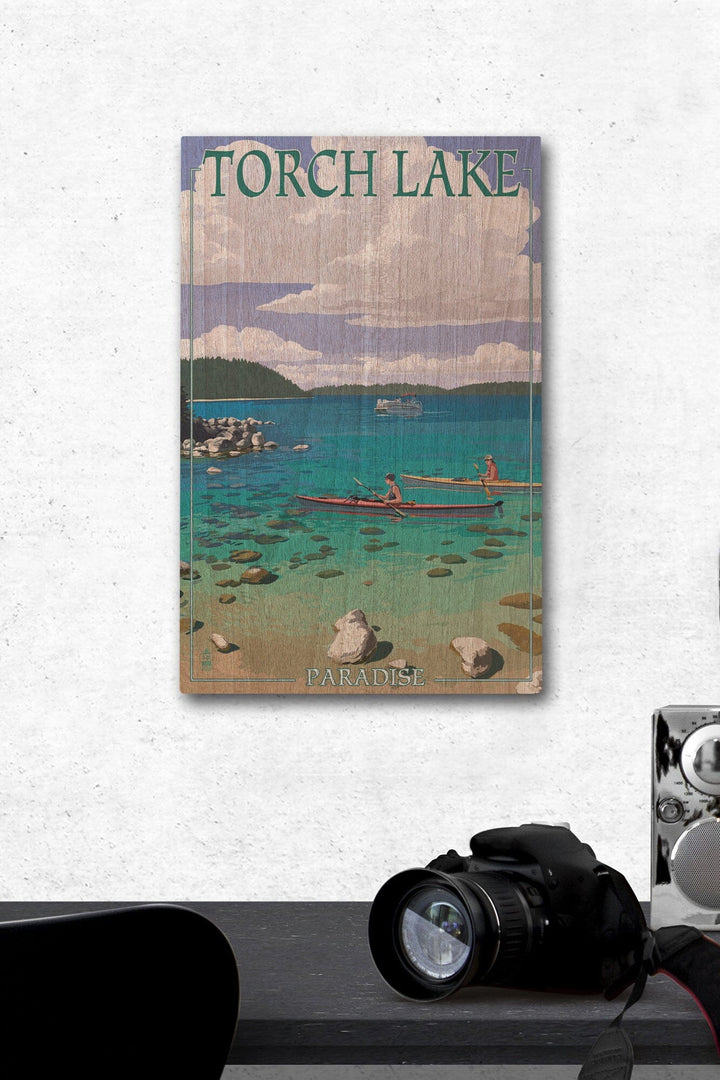 Torch Lake, Michigan, Kayakers, Lantern Press Artwork, Wood Signs and Postcards Wood Lantern Press 12 x 18 Wood Gallery Print 