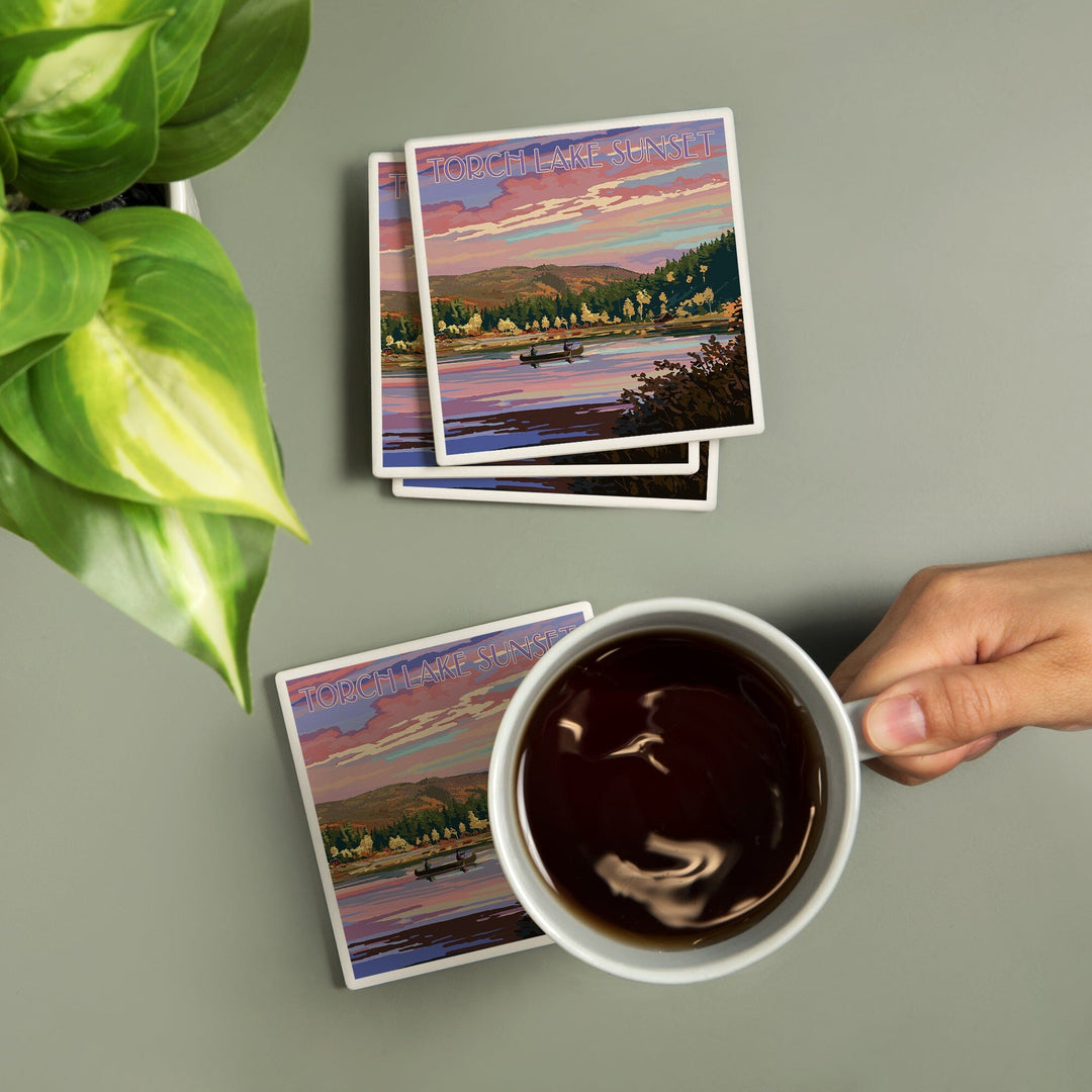 Torch Lake, Michigan, Lake Scene at Dusk, Lantern Press Artwork, Coaster Set Coasters Lantern Press 