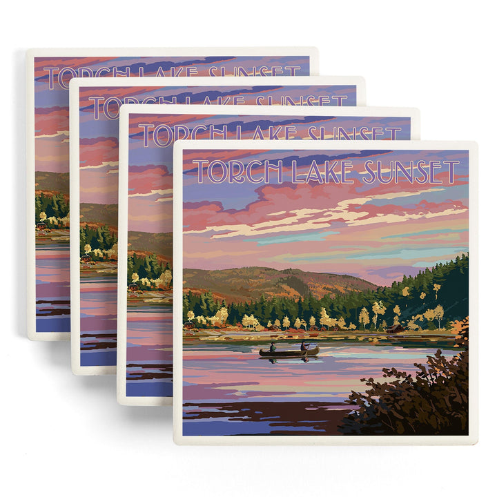 Torch Lake, Michigan, Lake Scene at Dusk, Lantern Press Artwork, Coaster Set Coasters Lantern Press 