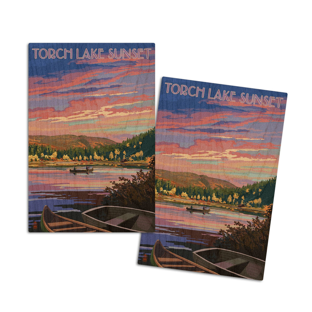 Torch Lake, Michigan, Lake Scene at Dusk, Lantern Press Artwork, Wood Signs and Postcards Wood Lantern Press 4x6 Wood Postcard Set 