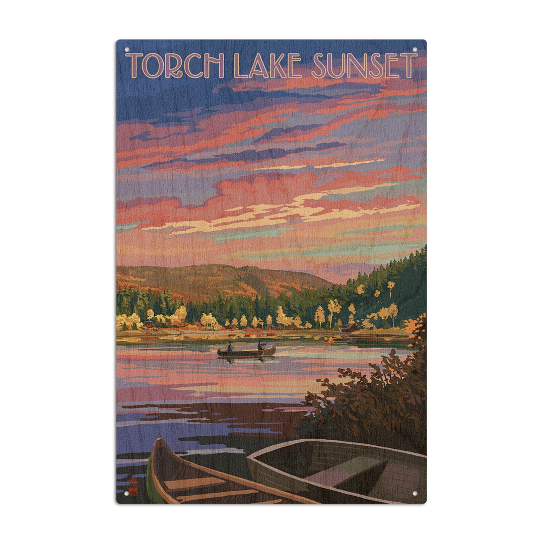 Torch Lake, Michigan, Lake Scene at Dusk, Lantern Press Artwork, Wood Signs and Postcards Wood Lantern Press 6x9 Wood Sign 