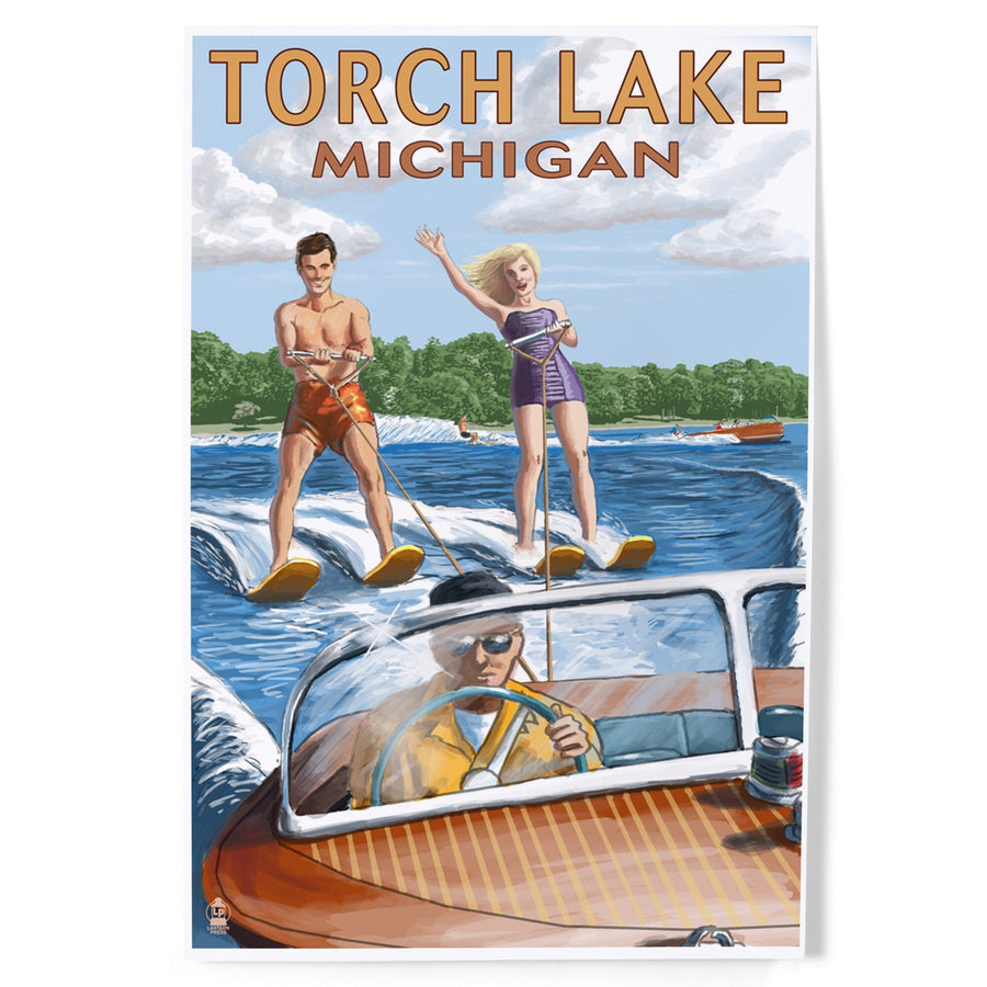 Torch Lake, Michigan, Water Skiing and Wooden Boat, Art & Giclee Prints Art Lantern Press 