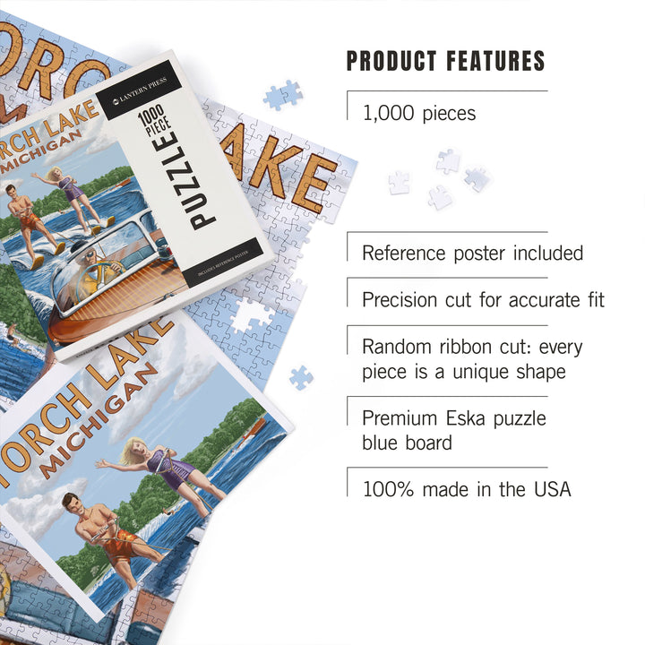 Torch Lake, Michigan, Water Skiing and Wooden Boat, Jigsaw Puzzle Puzzle Lantern Press 