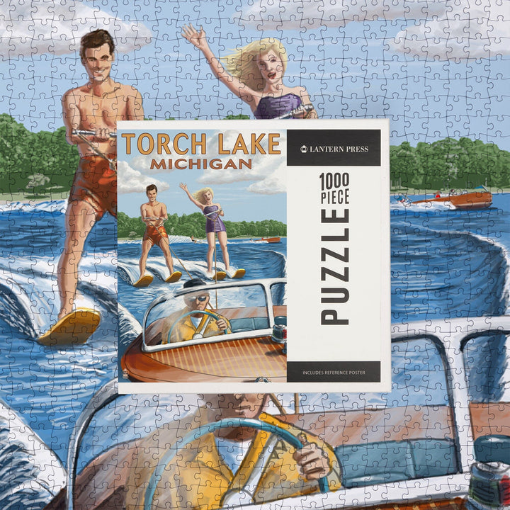 Torch Lake, Michigan, Water Skiing and Wooden Boat, Jigsaw Puzzle Puzzle Lantern Press 