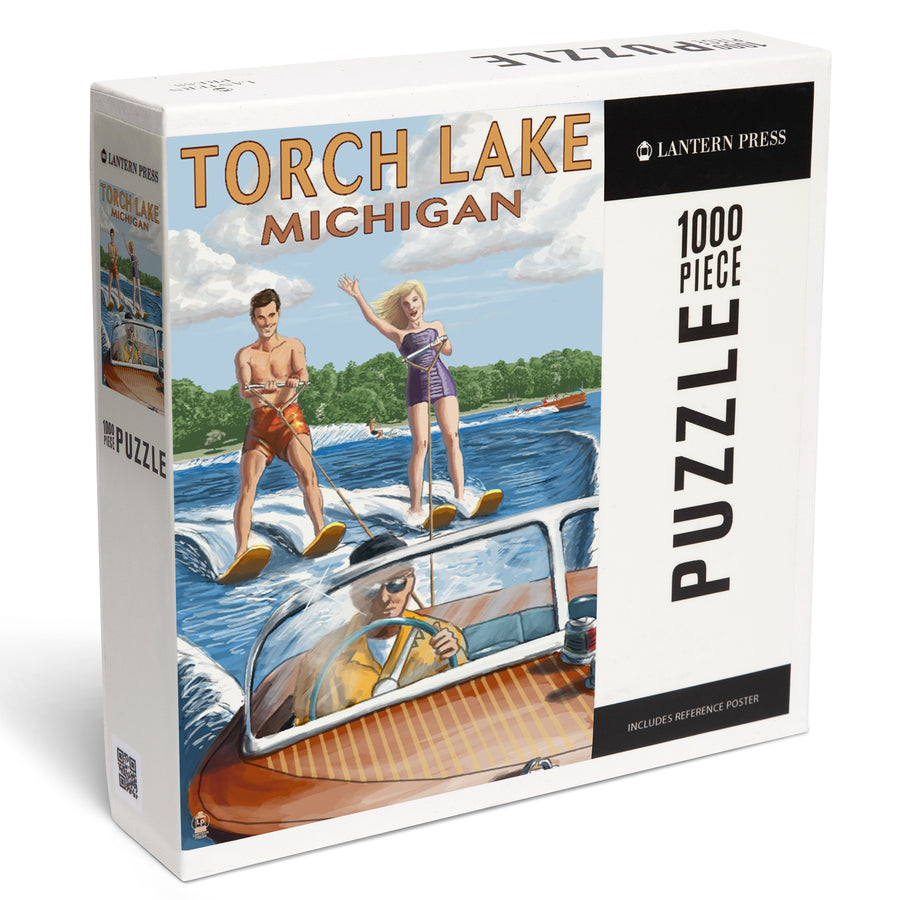 Torch Lake, Michigan, Water Skiing and Wooden Boat, Jigsaw Puzzle Puzzle Lantern Press 