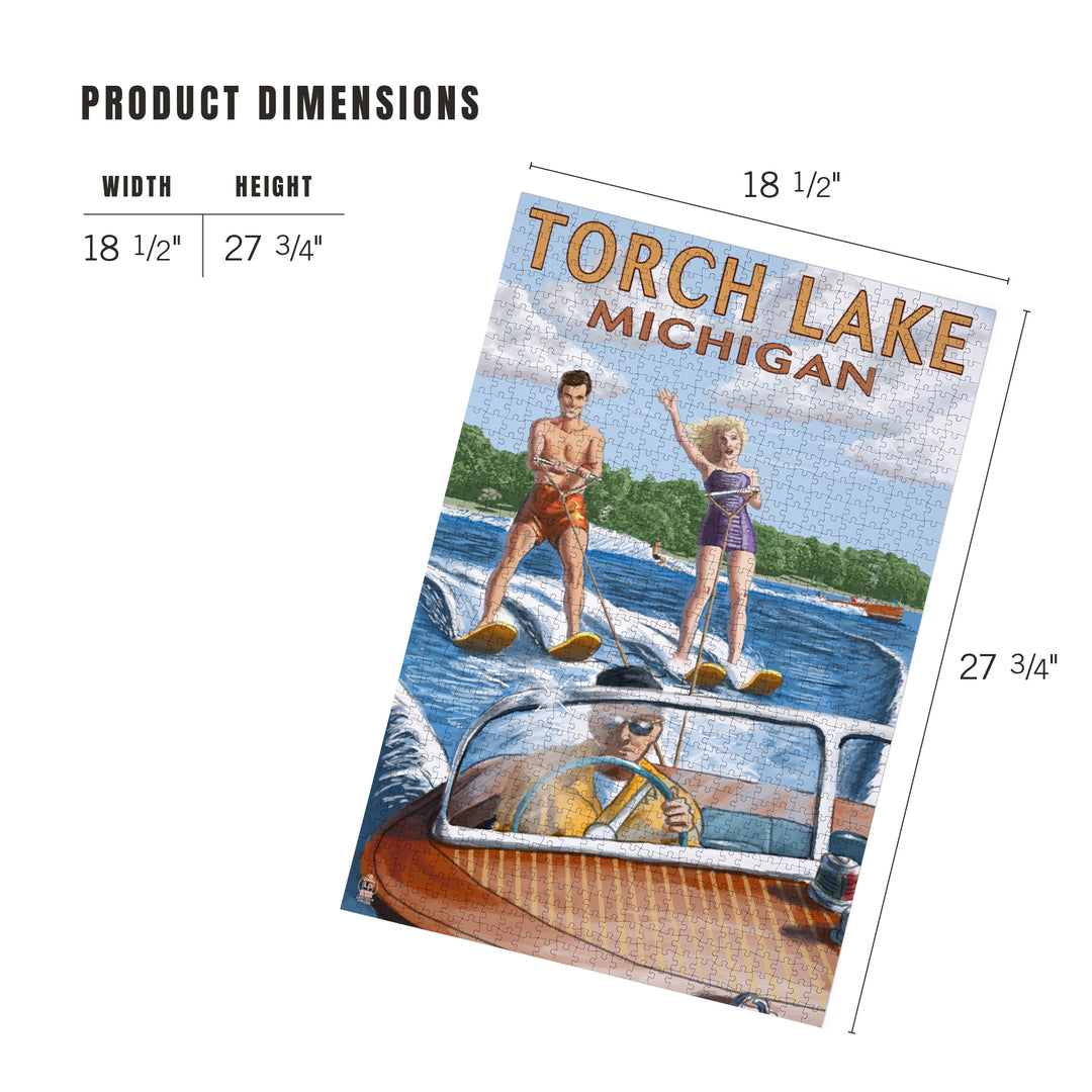 Torch Lake, Michigan, Water Skiing and Wooden Boat, Jigsaw Puzzle Puzzle Lantern Press 