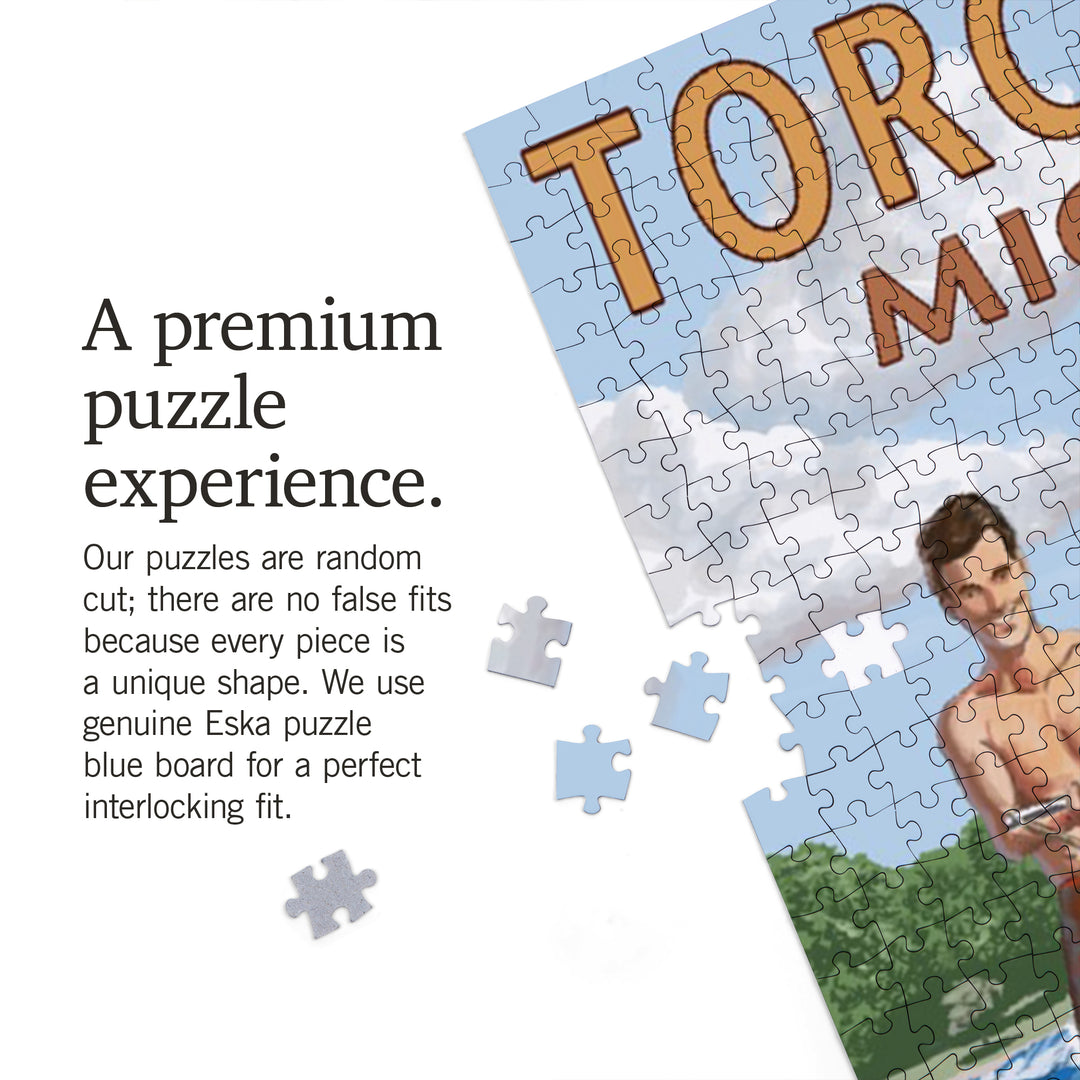 Torch Lake, Michigan, Water Skiing and Wooden Boat, Jigsaw Puzzle Puzzle Lantern Press 
