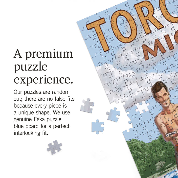 Torch Lake, Michigan, Water Skiing and Wooden Boat, Jigsaw Puzzle Puzzle Lantern Press 