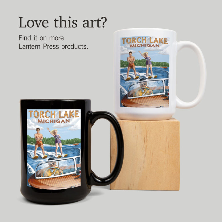 Torch Lake, Michigan, Water Skiing & Wooden Boat, Lantern Press Artwork, Ceramic Mug Mugs Lantern Press 