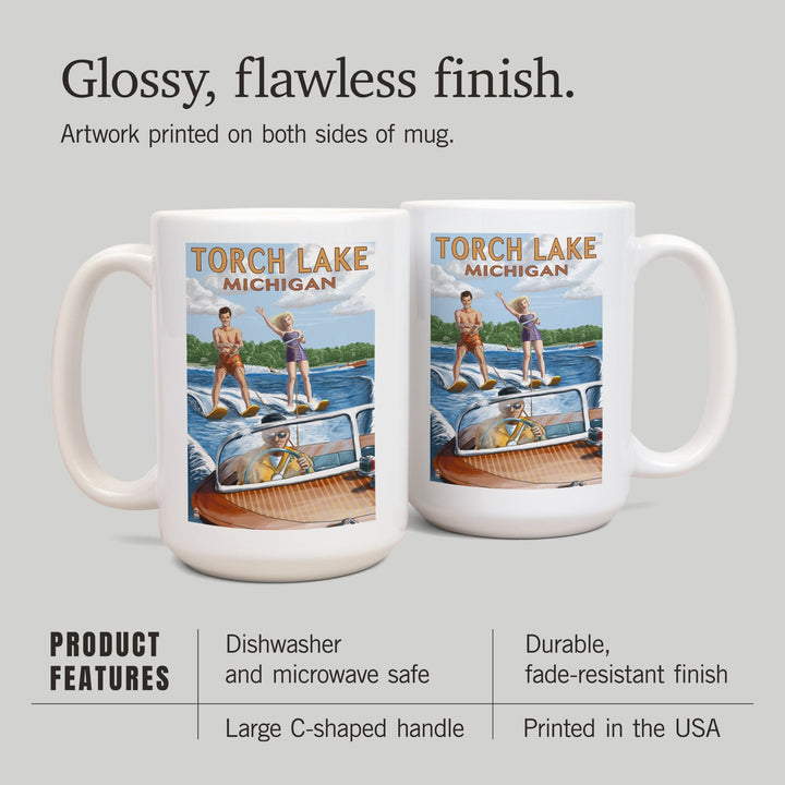 Torch Lake, Michigan, Water Skiing & Wooden Boat, Lantern Press Artwork, Ceramic Mug Mugs Lantern Press 