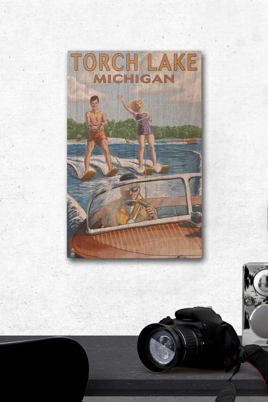 Torch Lake, Michigan, Water Skiing & Wooden Boat, Lantern Press Artwork, Wood Signs and Postcards Wood Lantern Press 12 x 18 Wood Gallery Print 
