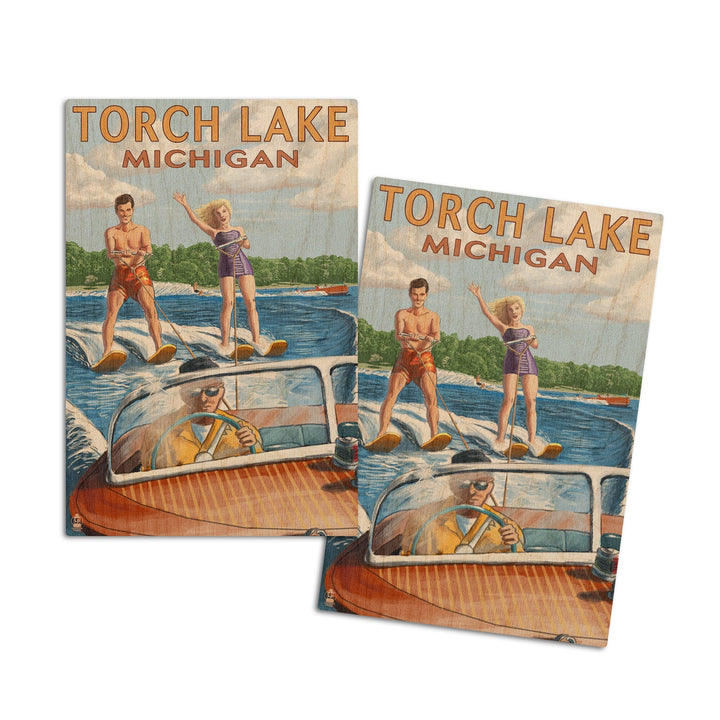 Torch Lake, Michigan, Water Skiing & Wooden Boat, Lantern Press Artwork, Wood Signs and Postcards Wood Lantern Press 4x6 Wood Postcard Set 