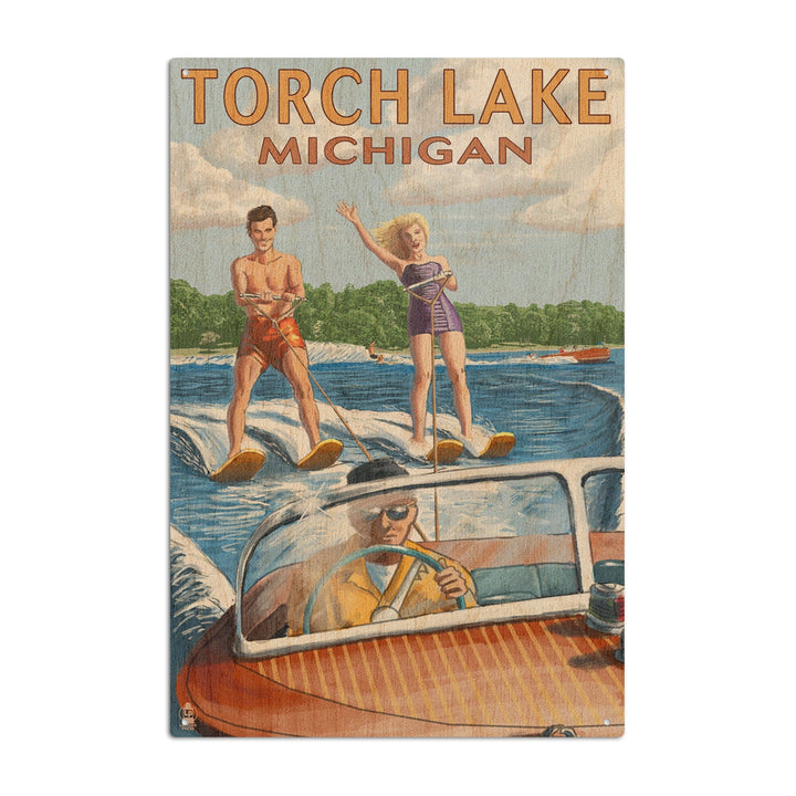 Torch Lake, Michigan, Water Skiing & Wooden Boat, Lantern Press Artwork, Wood Signs and Postcards Wood Lantern Press 6x9 Wood Sign 