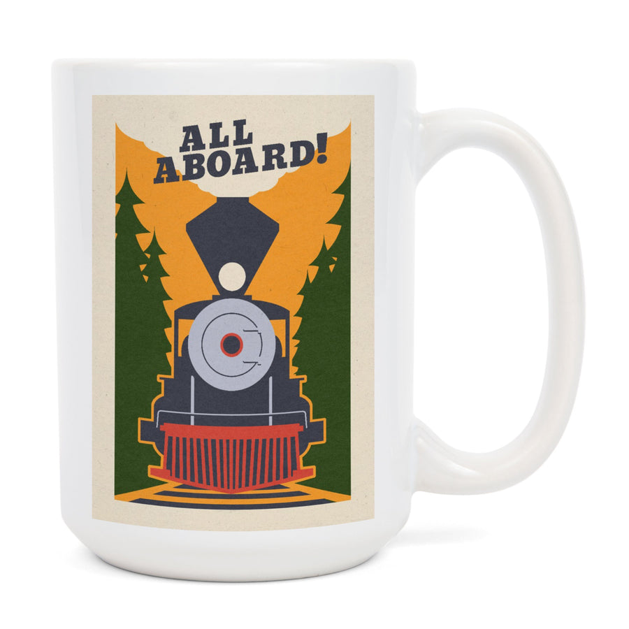 Train, All Aboard, Woodblock, Lantern Press Artwork, Ceramic Mug Mugs Lantern Press 