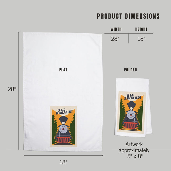 Train, All Aboard, Woodblock, Organic Cotton Kitchen Tea Towels Kitchen Lantern Press 