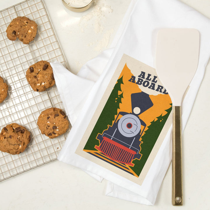 Train, All Aboard, Woodblock, Organic Cotton Kitchen Tea Towels Kitchen Lantern Press 