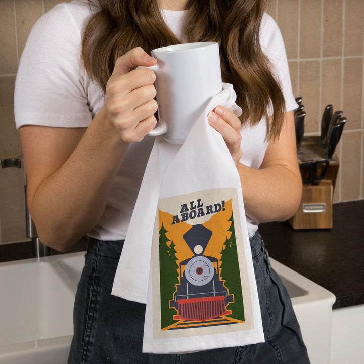 Train, All Aboard, Woodblock, Organic Cotton Kitchen Tea Towels Kitchen Lantern Press 