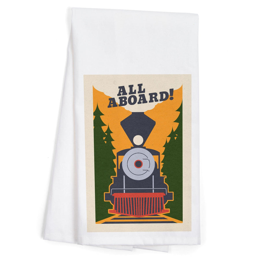 Train, All Aboard, Woodblock, Organic Cotton Kitchen Tea Towels Kitchen Lantern Press 
