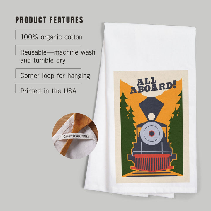 Train, All Aboard, Woodblock, Organic Cotton Kitchen Tea Towels Kitchen Lantern Press 