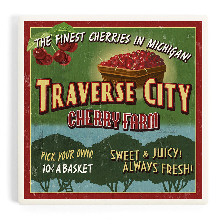 Traverse City, Michigan, Cherry Farm Vintage Sign, Coasters Coasters Lantern Press 