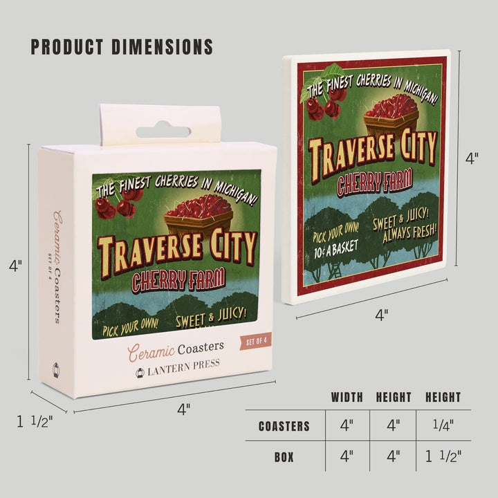 Traverse City, Michigan, Cherry Farm Vintage Sign, Coasters Coasters Lantern Press 