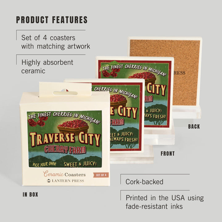 Traverse City, Michigan, Cherry Farm Vintage Sign, Coasters Coasters Lantern Press 