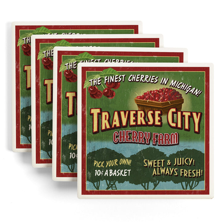 Traverse City, Michigan, Cherry Farm Vintage Sign, Coasters Coasters Lantern Press 