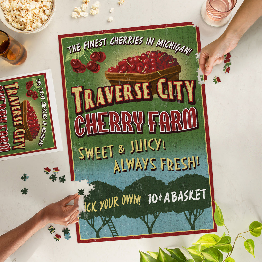 Traverse City, Michigan, Cherry Farm Vintage Sign, Jigsaw Puzzle Puzzle Lantern Press 