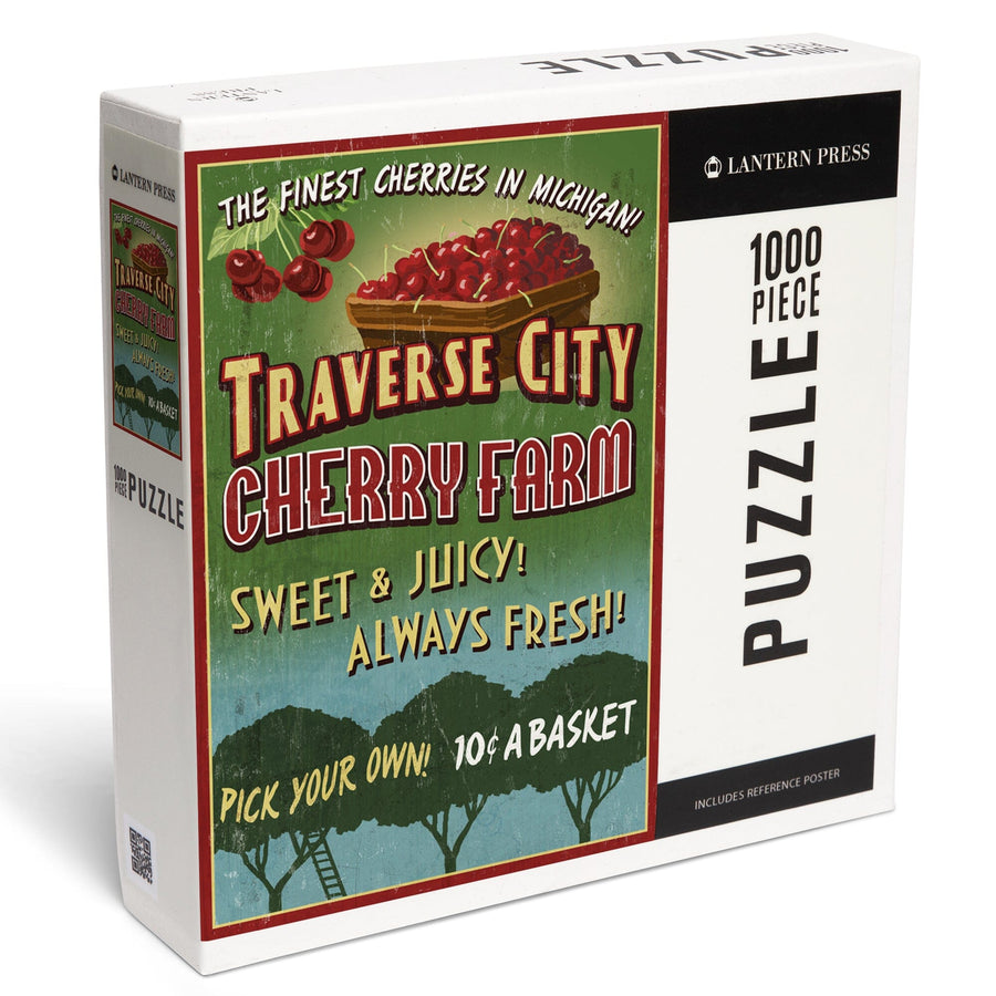 Traverse City, Michigan, Cherry Farm Vintage Sign, Jigsaw Puzzle Puzzle Lantern Press 