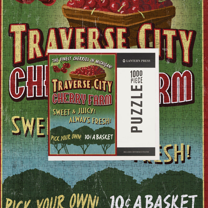 Traverse City, Michigan, Cherry Farm Vintage Sign, Jigsaw Puzzle Puzzle Lantern Press 