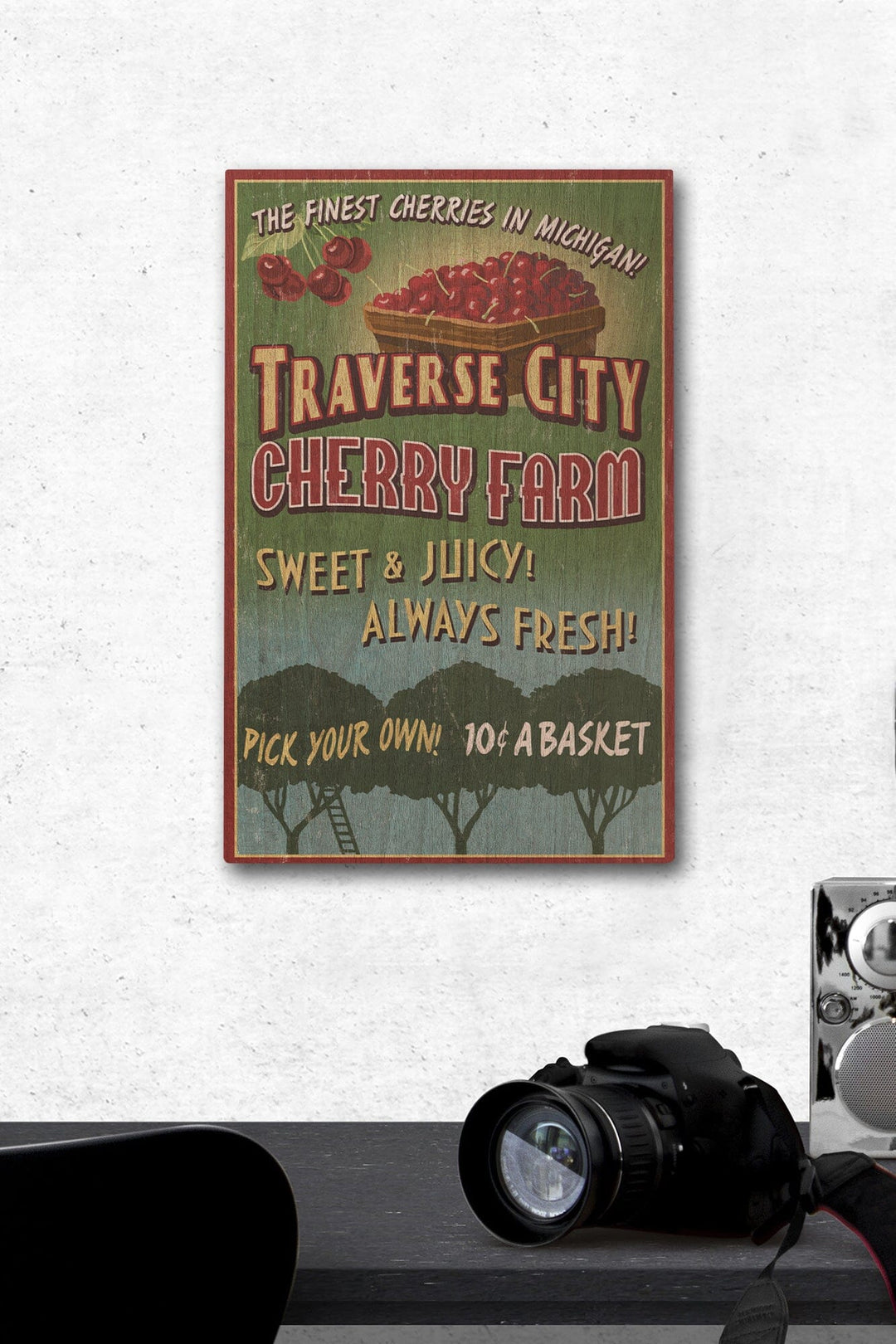 Traverse City, Michigan, Cherry Farm Vintage Sign, Lantern Press Artwork, Wood Signs and Postcards Wood Lantern Press 12 x 18 Wood Gallery Print 