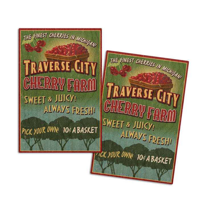 Traverse City, Michigan, Cherry Farm Vintage Sign, Lantern Press Artwork, Wood Signs and Postcards Wood Lantern Press 4x6 Wood Postcard Set 